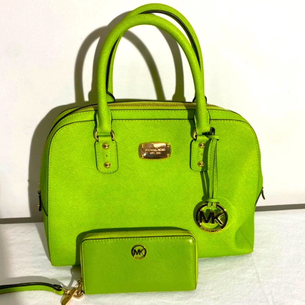 Michael Kors Hamilton Purse and Matching Bright Green Wallet Saffriano Leather